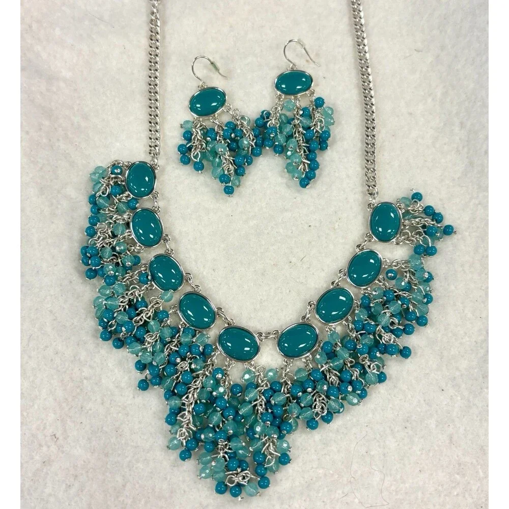 Teal Aqua Beaded Fringe Bib Necklace Earrings Set Silver Tone Statement 24in